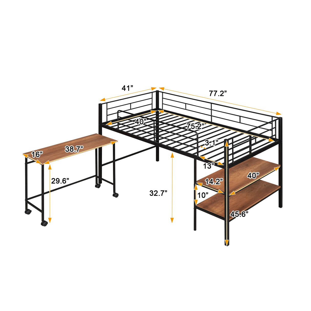 Twin Size Loft Bed with Desk and Storage Shelves,Metal Twin Size Bed with Rolling Portable Desk, Low Loft Bed with Full-Length Guardrail for Kids Boys Girls Teens(Black)