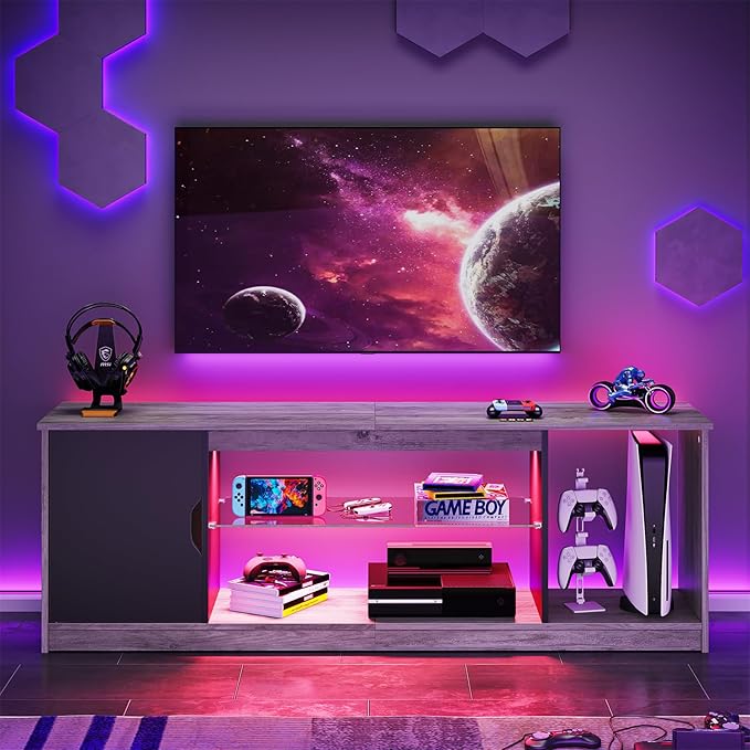LED TV Stand for PS5,Modern Gaming Entertainment Center with Cabinet for 60/65 Inch TV