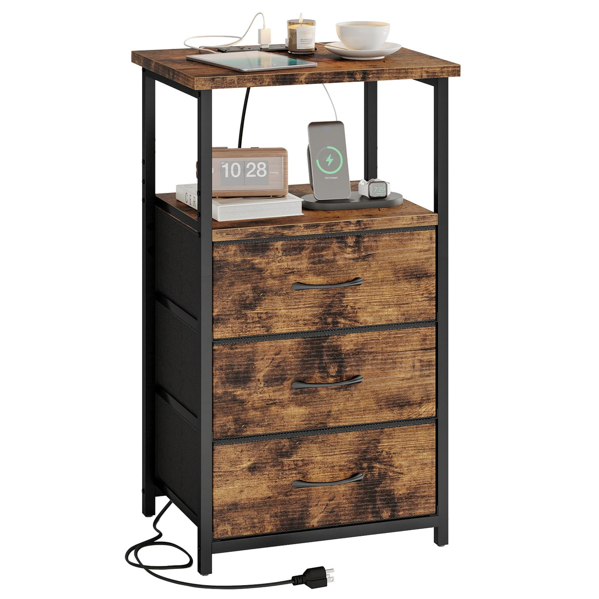 Night Stand with 3 Fabric Drawers, Tall Nightstand