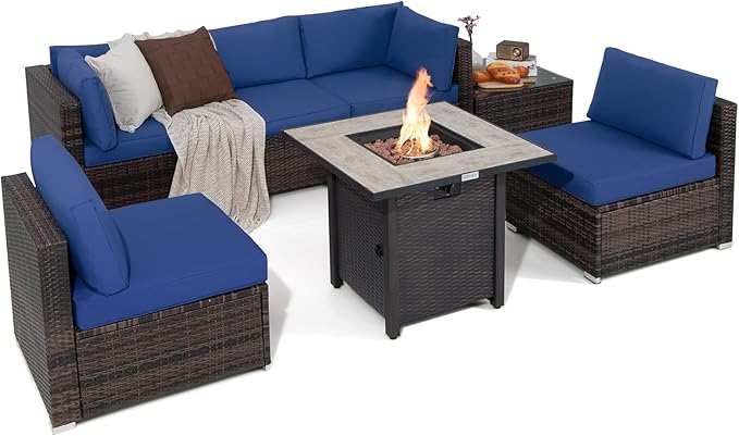 7 Piece Patio Furniture Set with Fire Pit Table, Patiojoy Outdoor PE Wicker Conversation Sectional Sofa Set