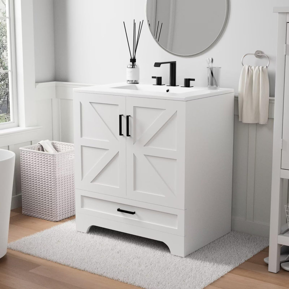 30" Farmhouse Bathroom Vanity with Ceramic Sink, Floor Standing Single Basin Vanity Set