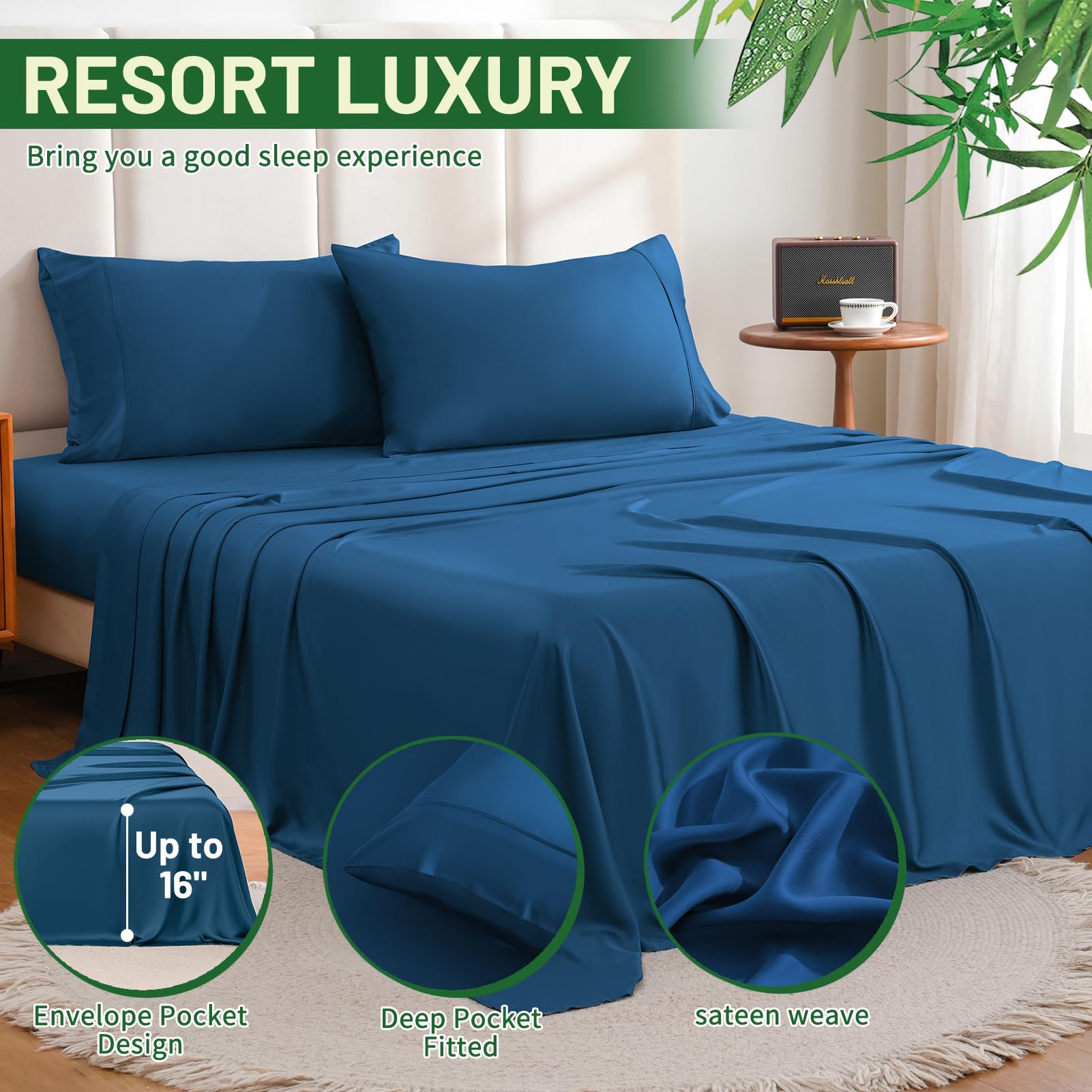 Bedlifes King Size Sheet Set Cooling Sheets Rayon Derived from Bamboo-400TC Breathable Luxury Bed Sheets,Sateen Silky Bedding Sheets-16 Deep Pocket Ultra Soft 4 Pieces(Navy Blue,King)