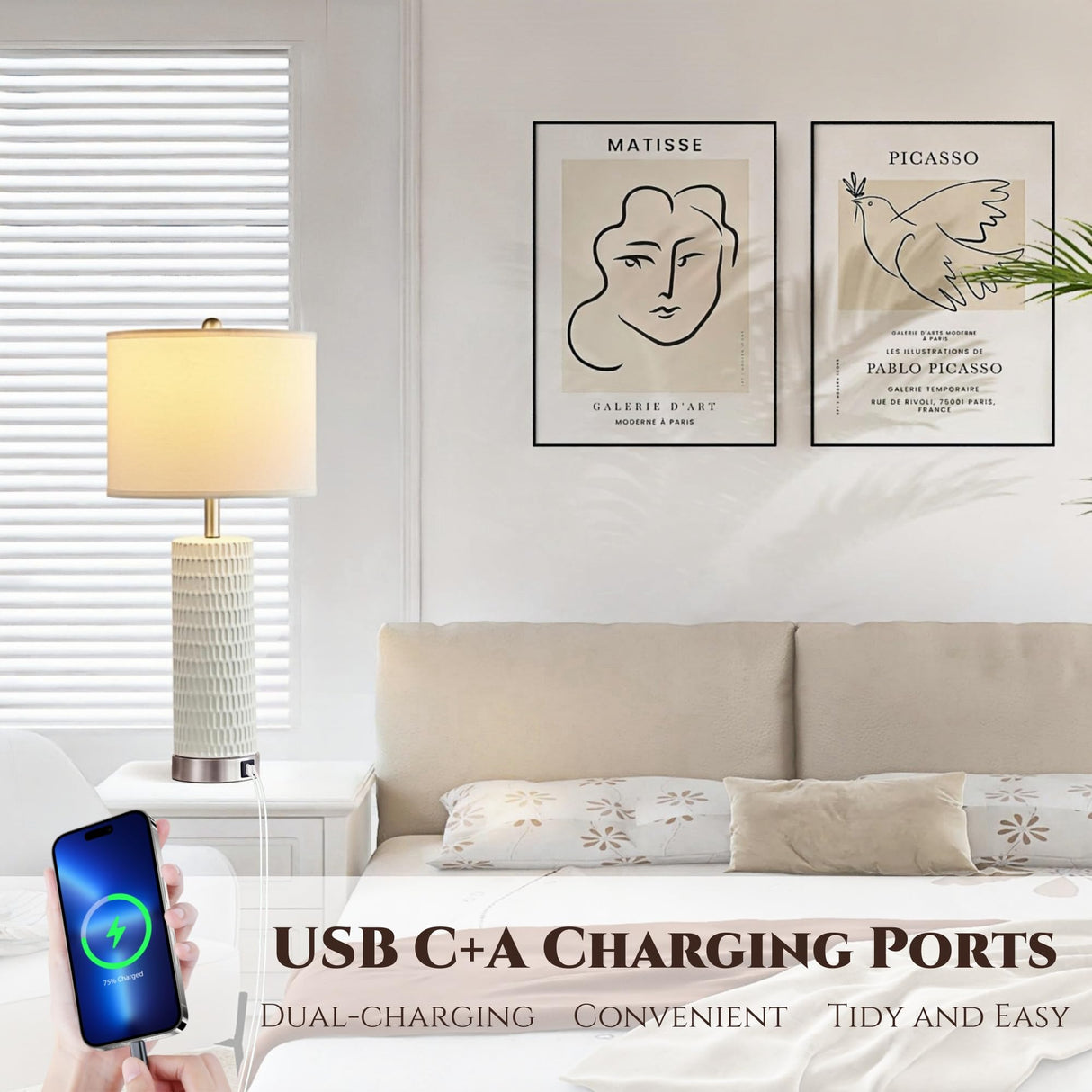 White Ceramic Table Lamps Set of 2 with USB Charging Ports