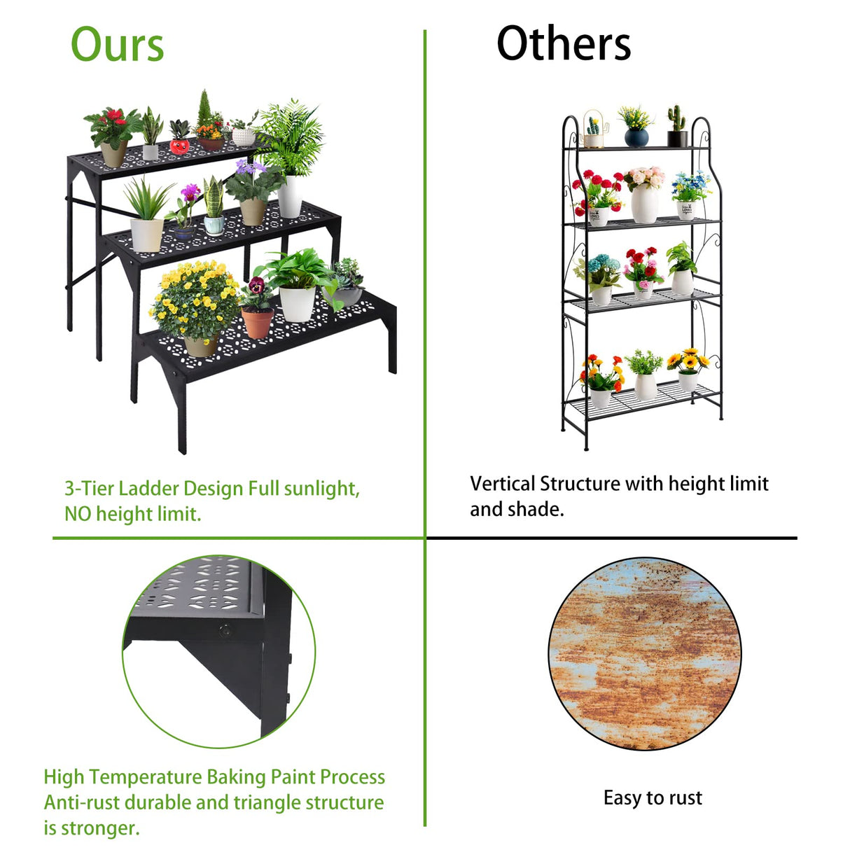 aboxoo 3 Tiers Metal Plant Stand, Ladder Flower Pots Holders, Step Display Rack, Heavy Duty Utility Storage Organizer Rack for Home Garden Patio Balcony, Stair Style Stand