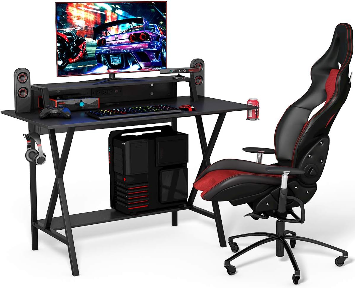 Gaming Computer Desk with Monitor Shelf, Gaming Table Workstation with Cup Holder Headphone Holder