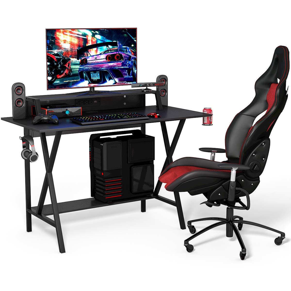 Gaming Computer Desk with Monitor Shelf, Gaming Table Workstation with Cup Holder Headphone Holder