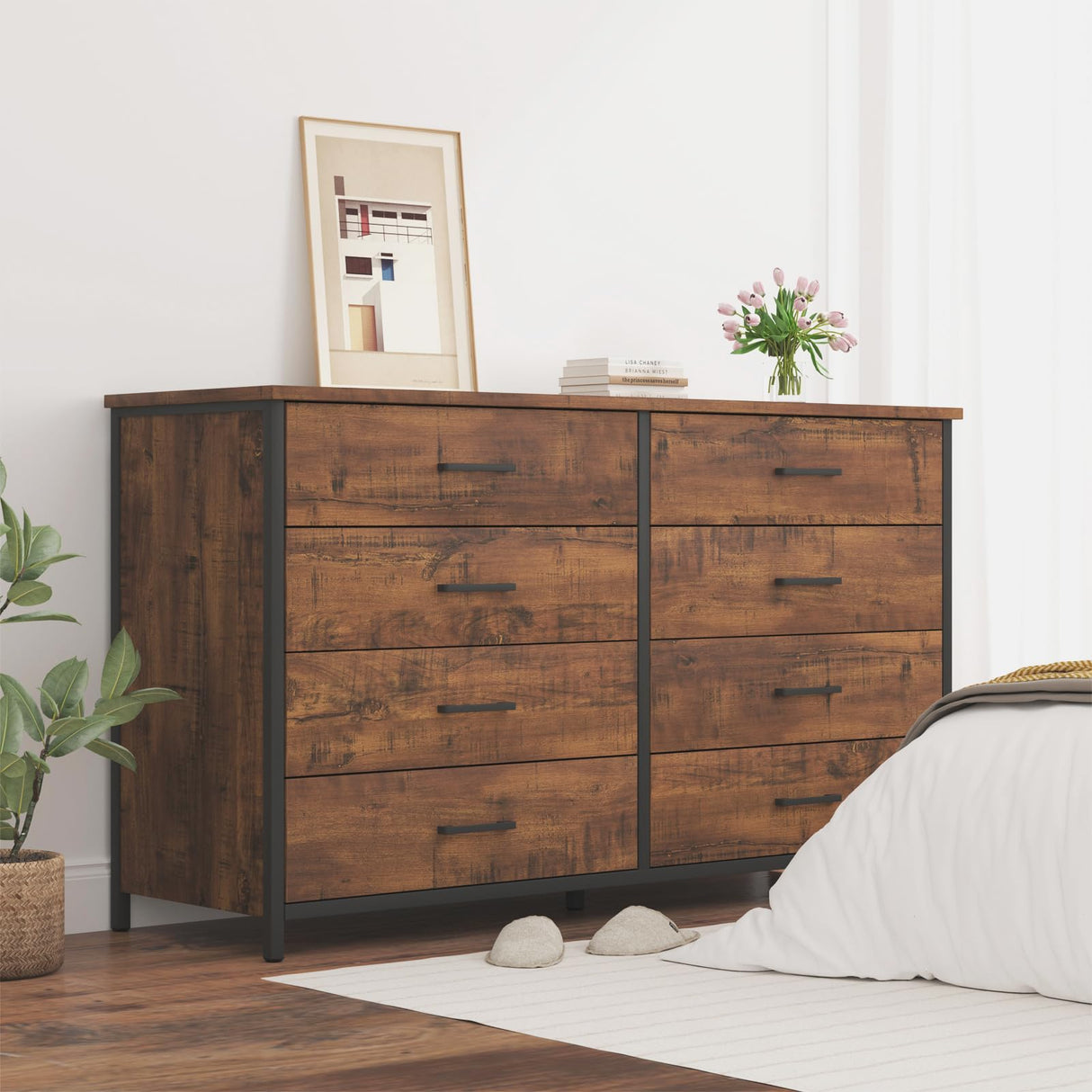 8 Drawer Double Dresser, 55 inch Industrial Wood Storage Dressers & Chests of Drawers