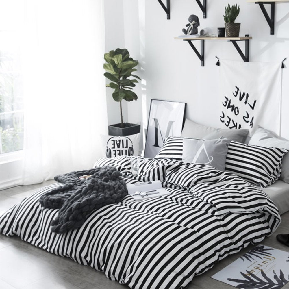 Striped Comforter Set Queen 3Pcs Black White Bedding Comforter Sets Farmhouse