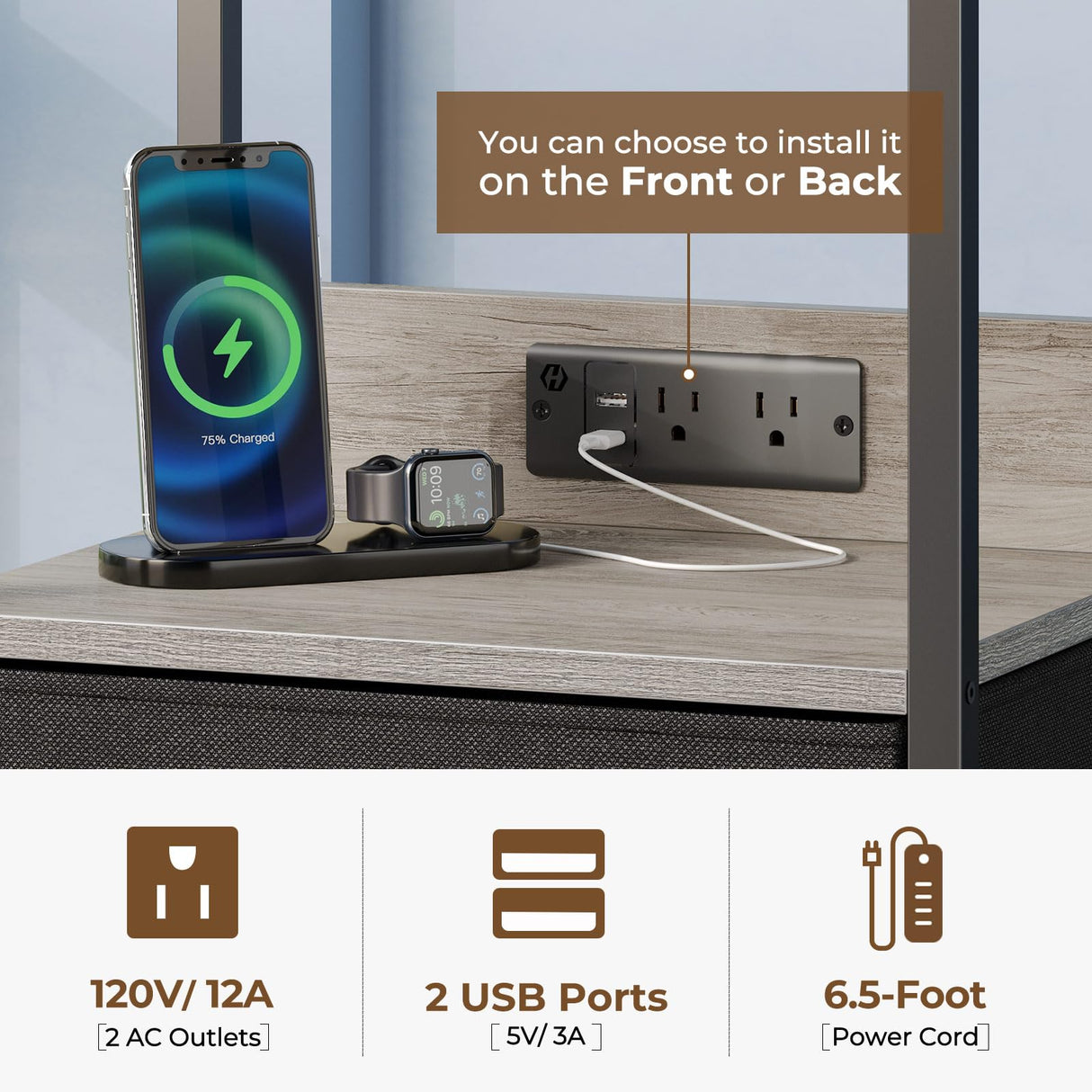 Nightstand Set of 1/2 with Charging Station, Bedside Table with LED Lights