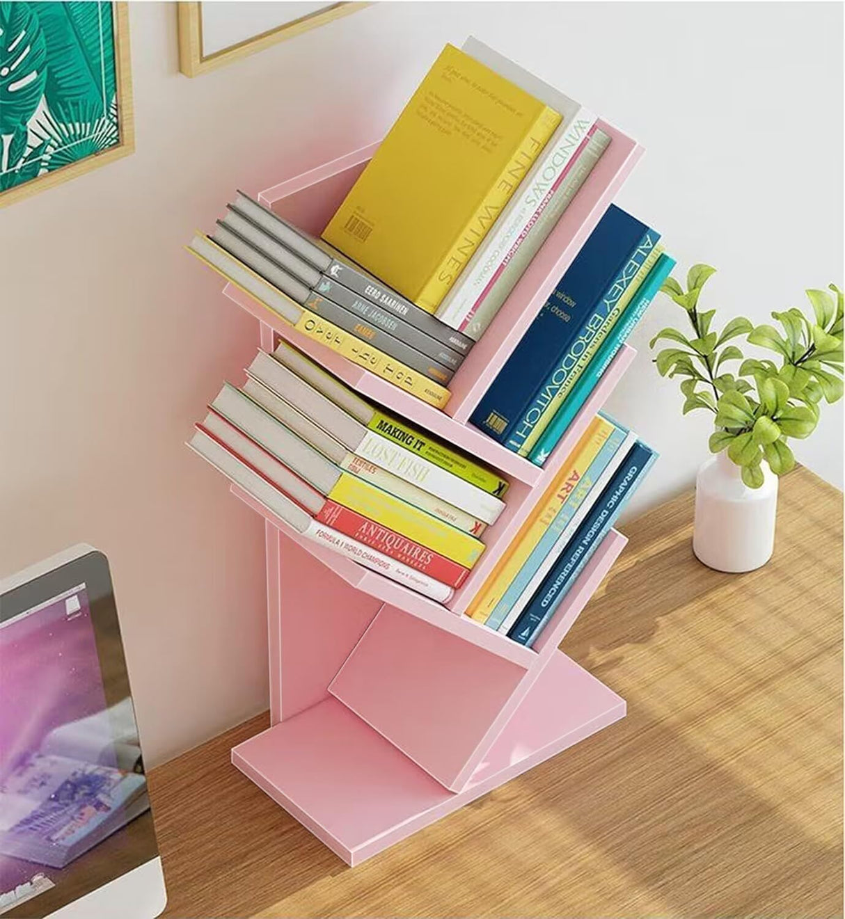 Tree Bookshelf,4-Layer Floor Standing,The Desktop Bookshelf Can Hold Books,Magazines,CDs and Photo Albums,Office Storage Rack,Pink