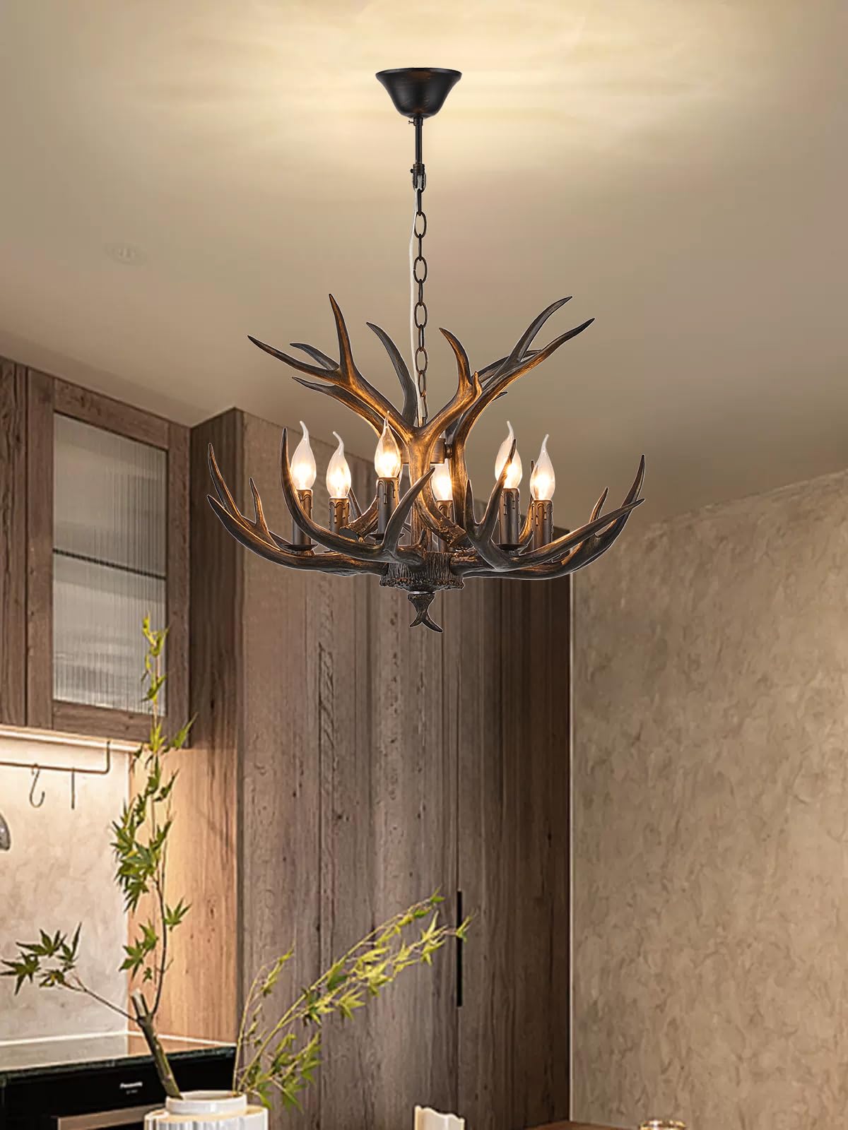 Coffee Brown Resin Antler Chandelier 6-Light Easy Install - Rustic Lodge Ceiling Fixture with E12 Base for Cabin, Living Room & Dining Room Deer Horn Antler Lamp (Coffee Brown)