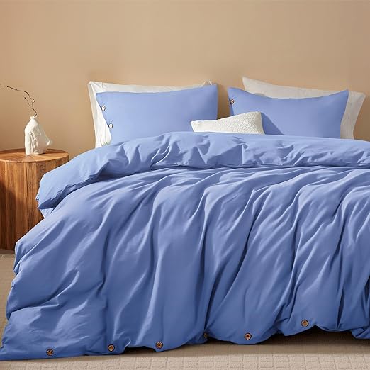 Navy Blue Duvet Cover Queen Size, 100% Washed Cotton 3 Piece Bedding Set