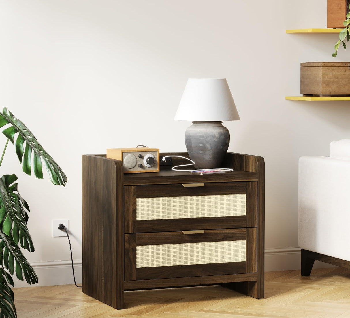 Night Stand Set of 2 - Rattan Nightstands with Built-in Charging Port, 2 Woven Drawers