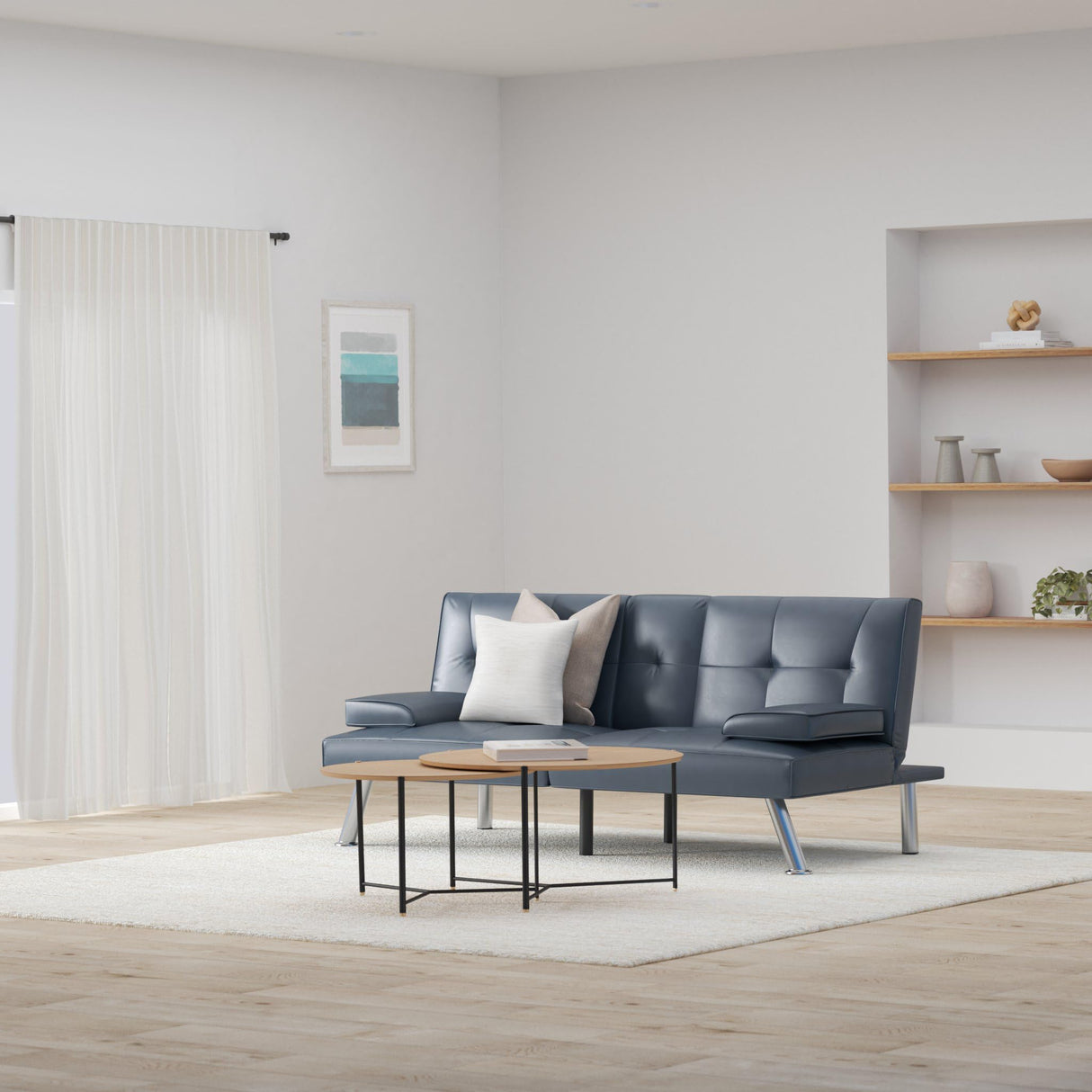 Faux Leather Upholstered Modern Convertible Futon, Adjustable Folding Sofa Bed