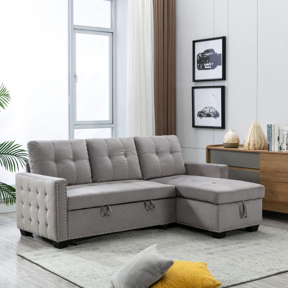 76.8'' Pull Out Sleeper Reversible Sectional Storage Sofa Bed, Convertible Velvet Corner Sofa Bed and Reversible
