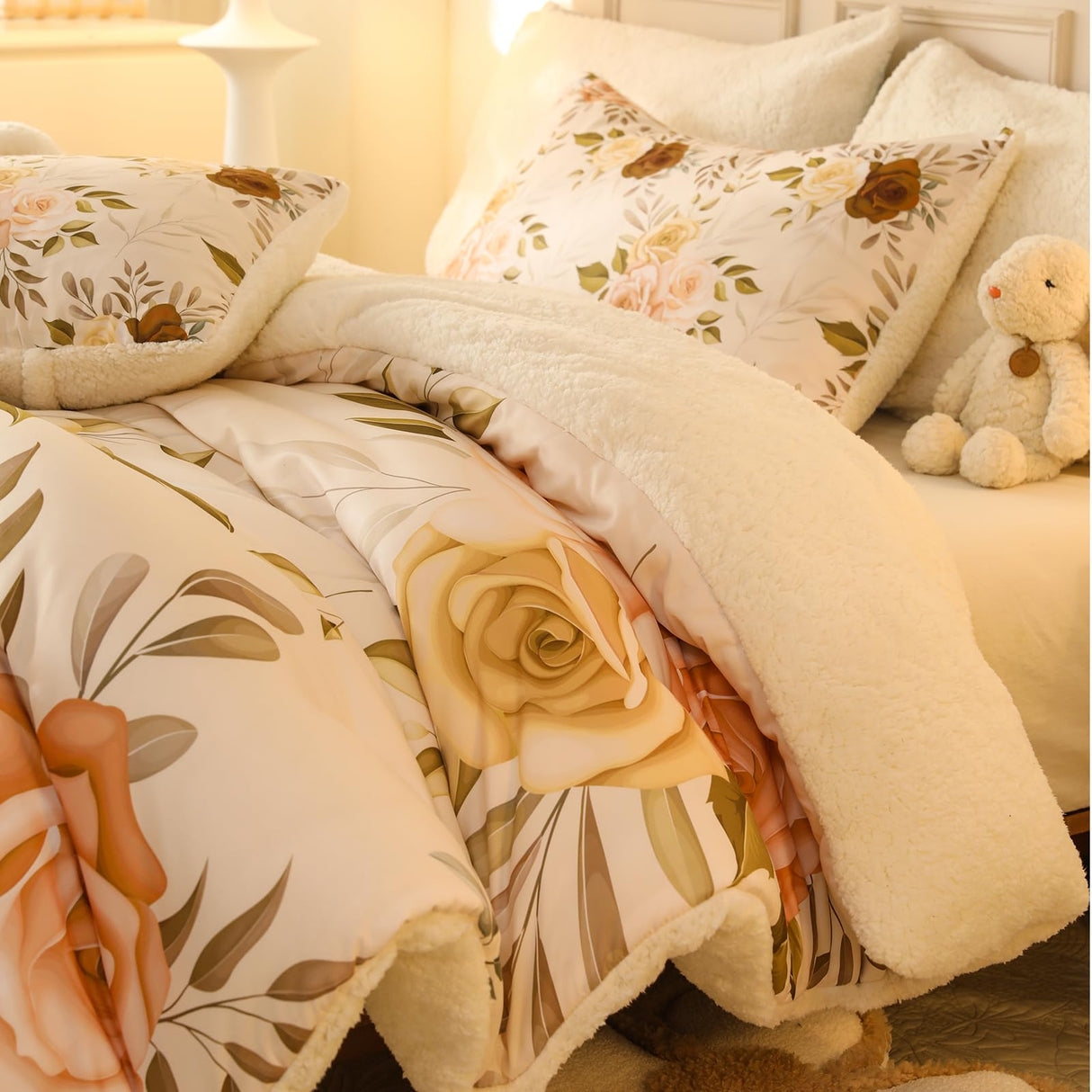 Floral Print Sherpa Comforter Set - Queen Size 3 Pieces Elegant Flowers Botanical Bedding Set Warm Cozy Beige 1 Quilt
