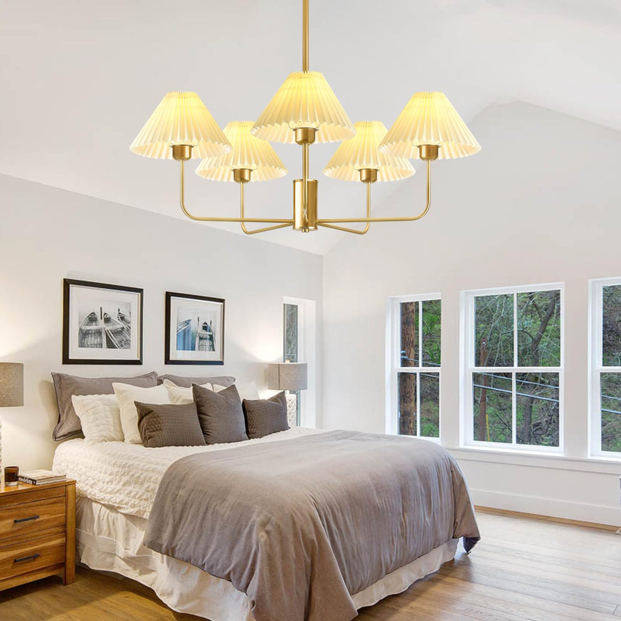 Chandelier Light Fixture, 5-Lights Mid Century Chandelier With Shades For Dining Room