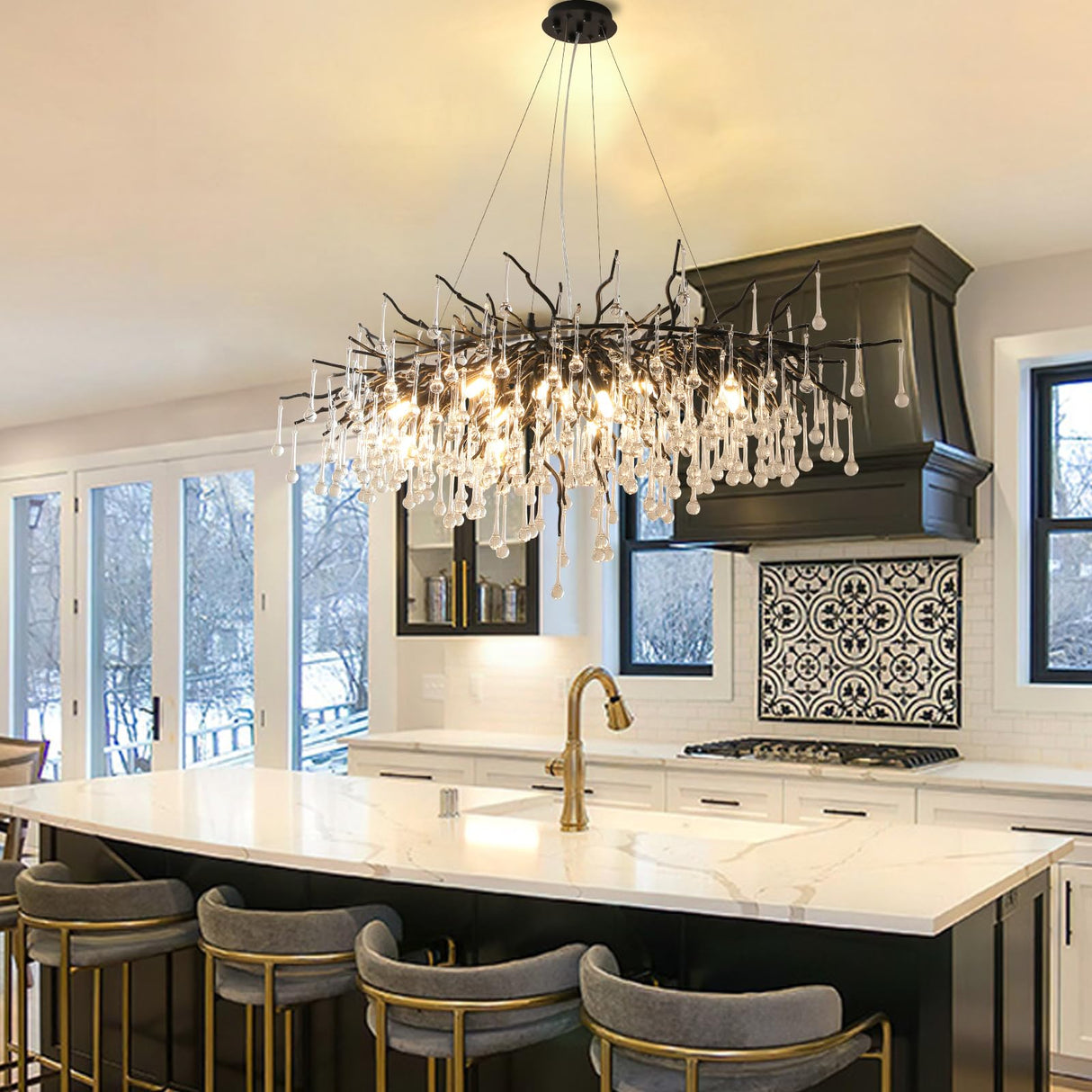 Black Chandelier, Modern Crystal Chandelier Frosted Tree Branch Chandelier Large Kitchen