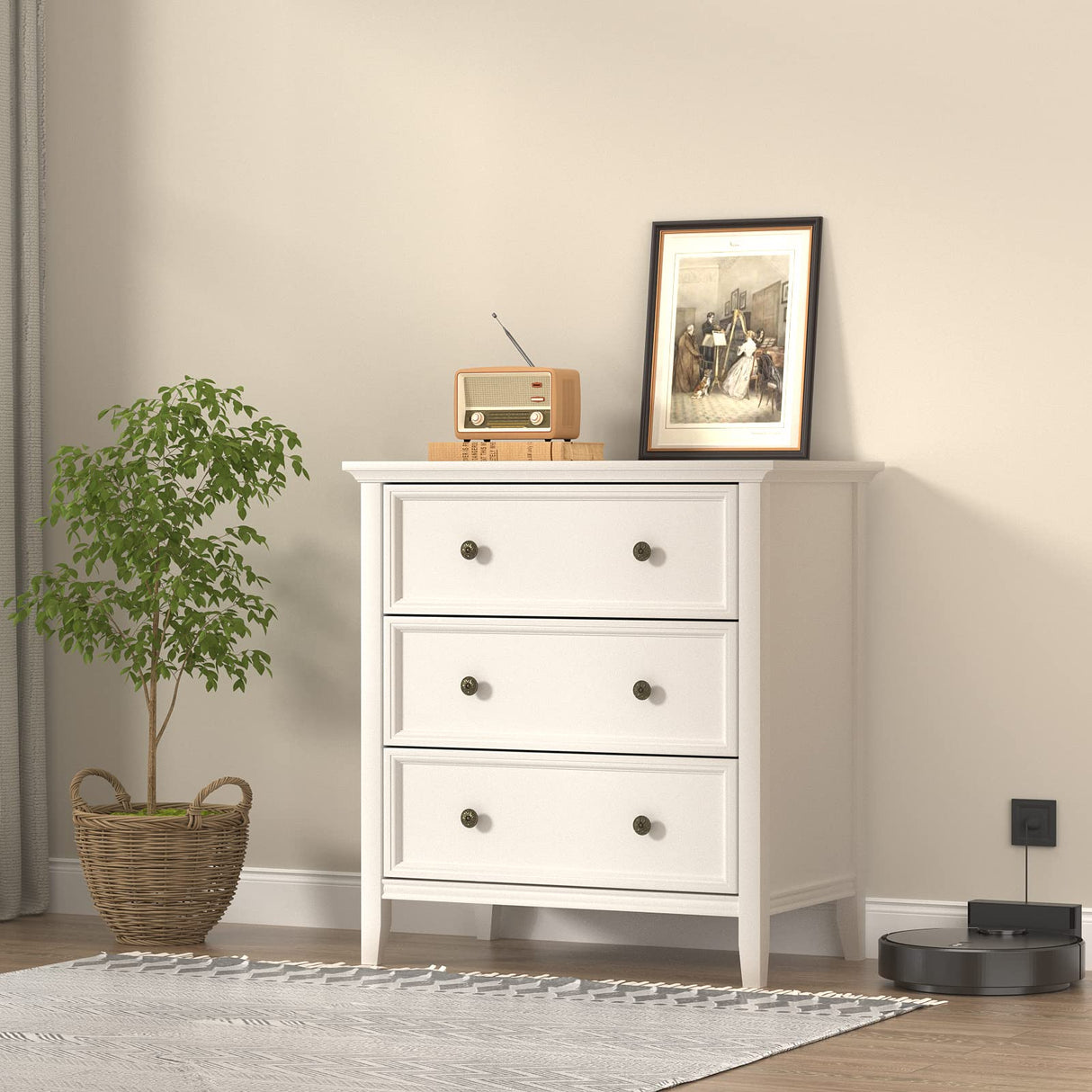 White Nightstand with 3 Drawers and Charging Station, Solid Wood Nightstand