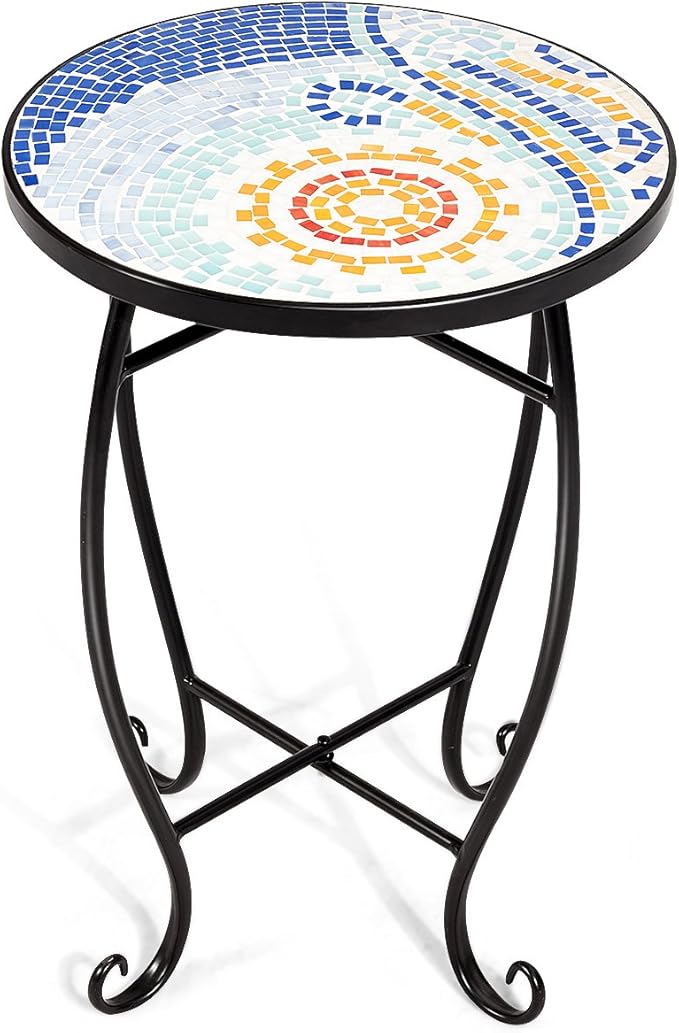 Side Table Outdoor Mosaic Round 14 Inch W/Glass Table Top and Steel Frame for Patio