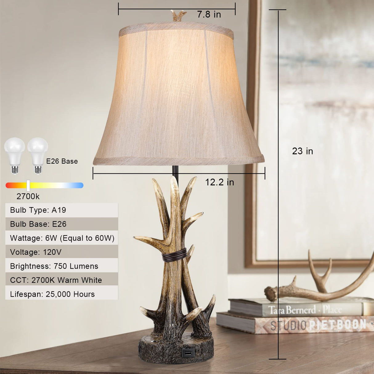 Rustic Antler Table Lamps Set of 2 with USB Charging Ports
