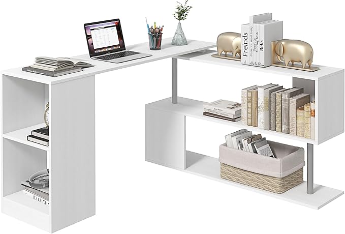 55" 360° Rotating Corner Computer Desk Modern L-Shaped Home Office Workstation