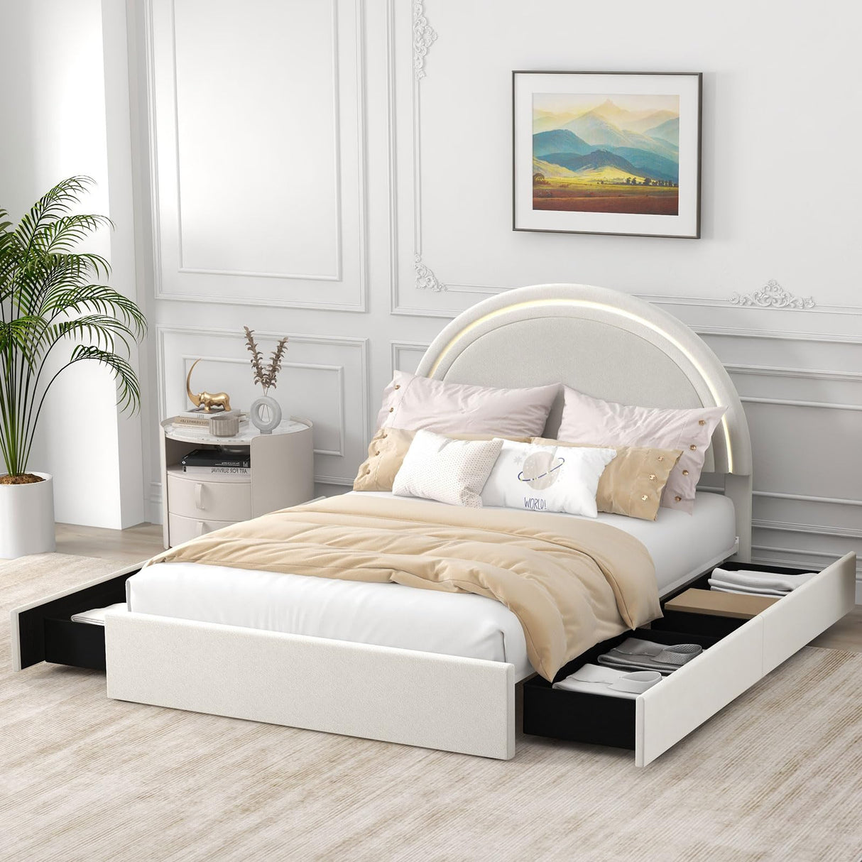 Home Full Size Bed Frame with Elegant Round Headboard