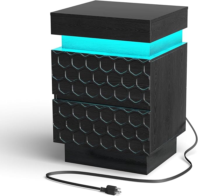 Black Led Nightstand with Charging Station, Night Stand with Drawers and Light