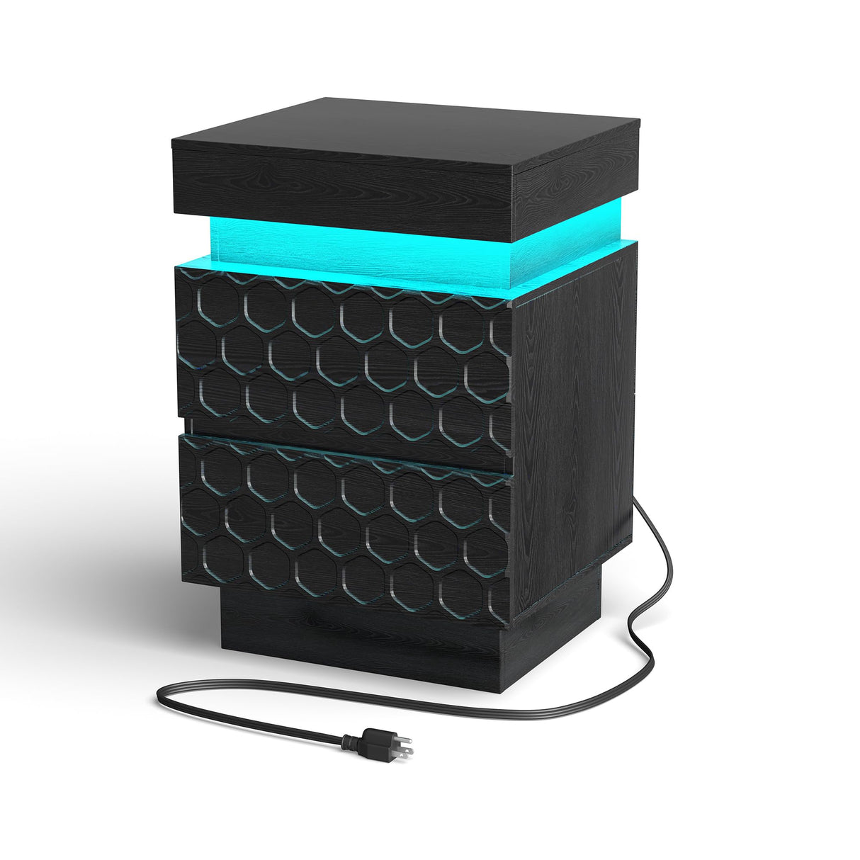 Black Led Nightstand with Charging Station, Night Stand with Drawers and Light