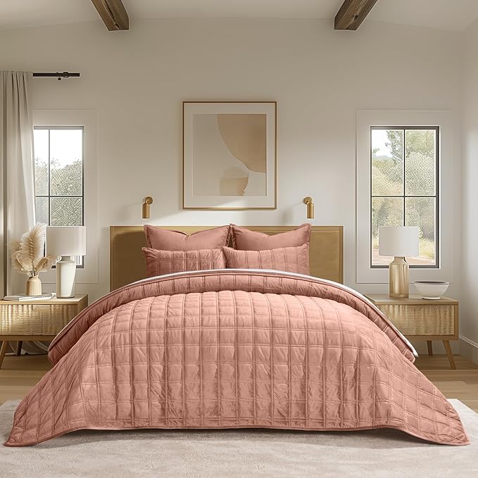 3 Pieces Luxurious Velvet King Quilts, Ultra Soft Lightweight Velvet Comforter Set,