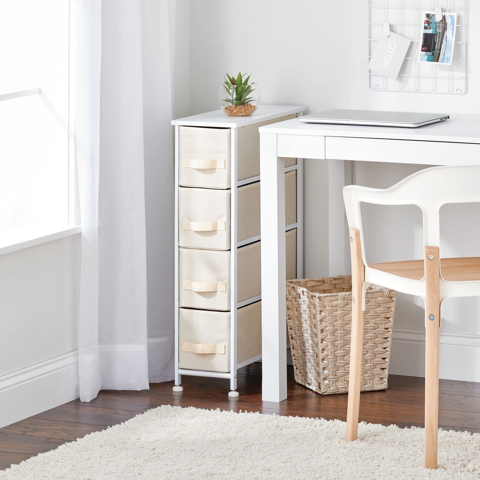 mDesign Narrow Dresser Storage Tower Stand with 4 Removable Fabric Drawers - Steel Frame, Wood Top Organizer for Bedroom, Entryway, Closet - Jane Collection - Cream/White