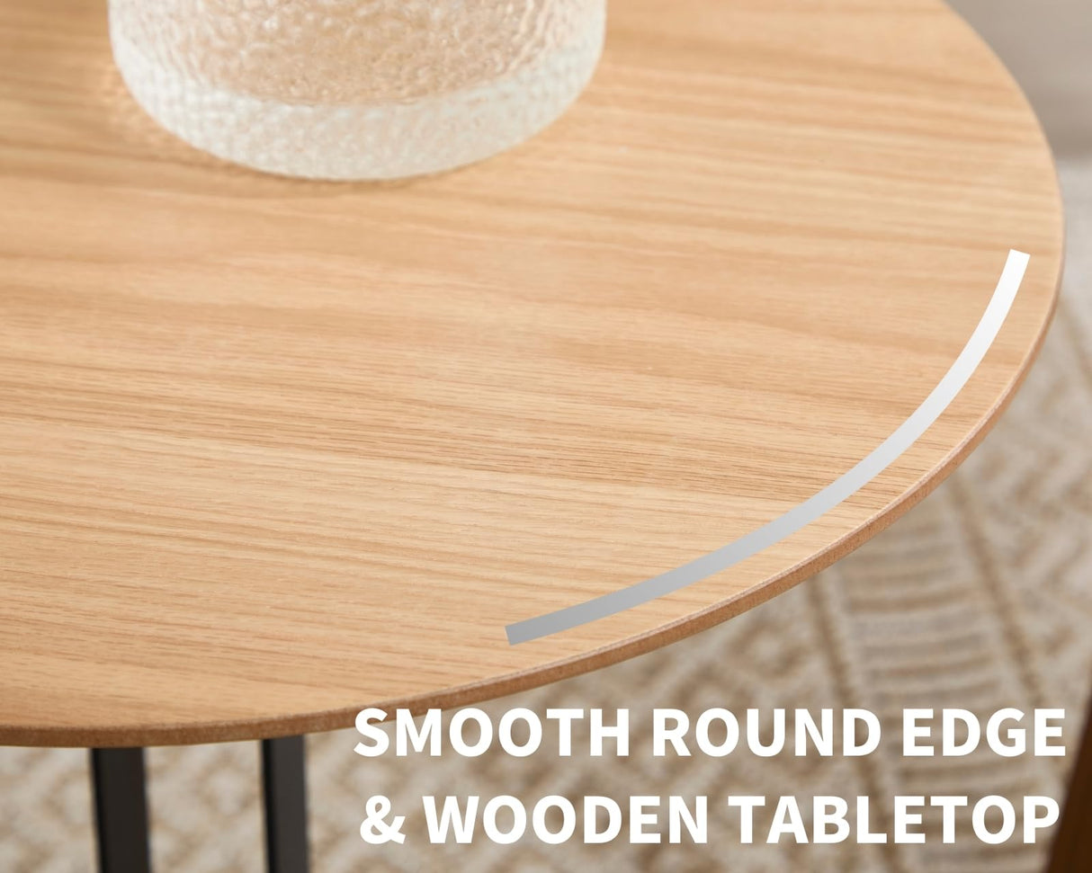 Modern Side Table, Round End Table with Black Metal Frame, Wood Nightstand Bedside Table for Small Spaces Living Room Bedroom Office, Natural Wood Color