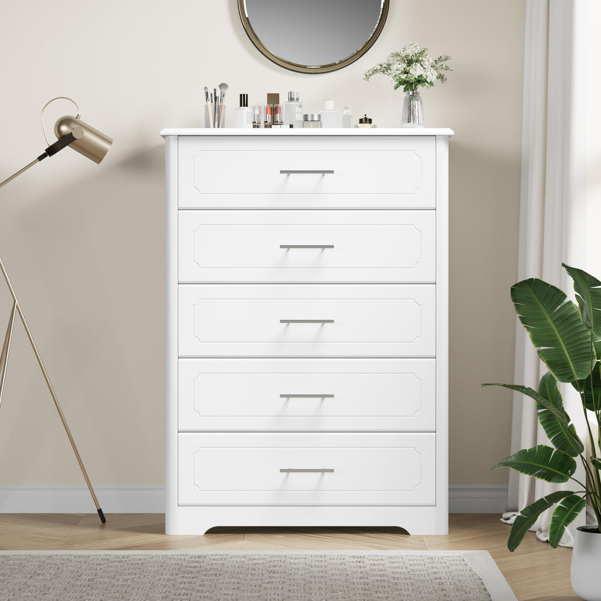 5 Drawer Dresser, Tall White Dresser Chest of Drawers, Modern Storage Cabinet