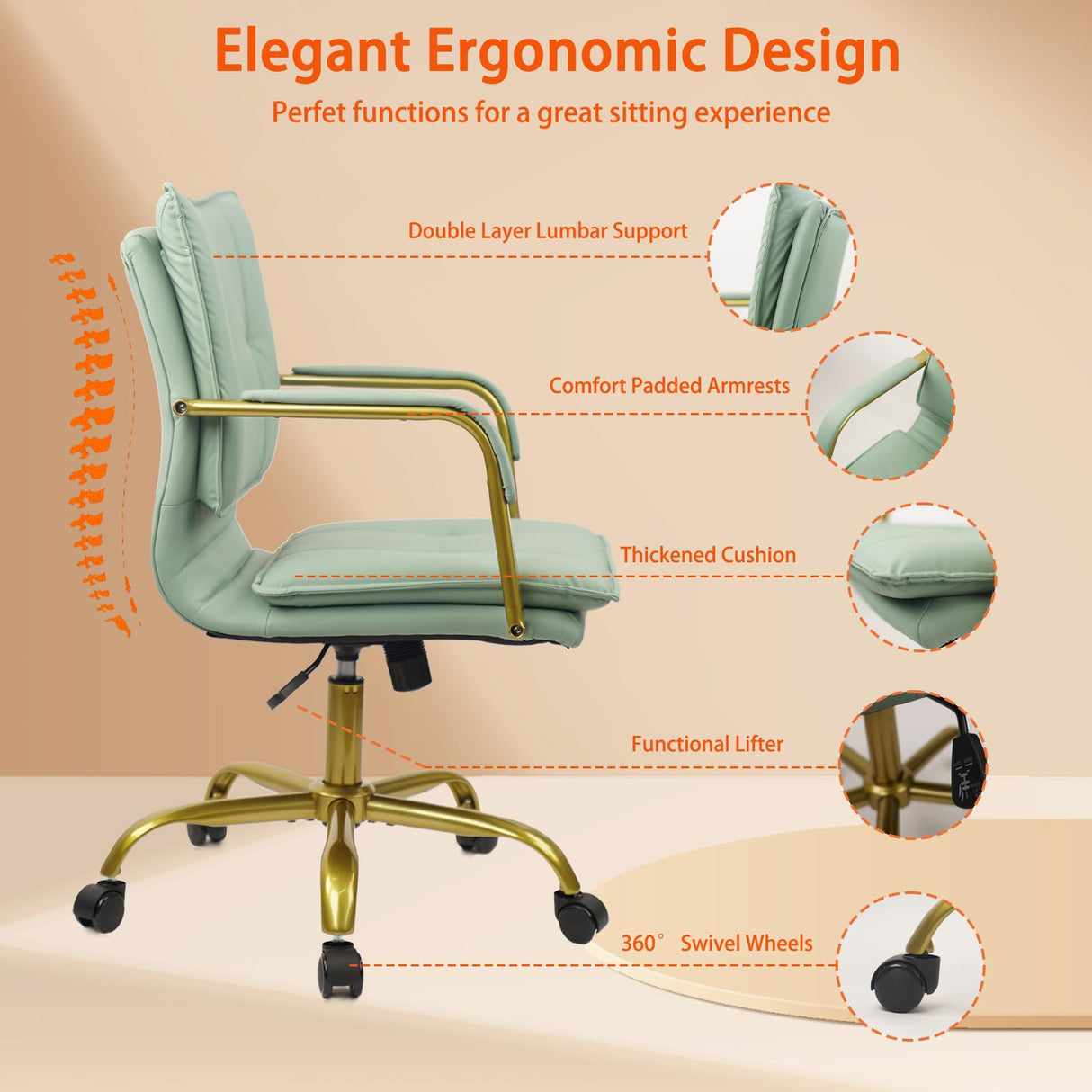 Green Leather Office Chair with Golden Legs