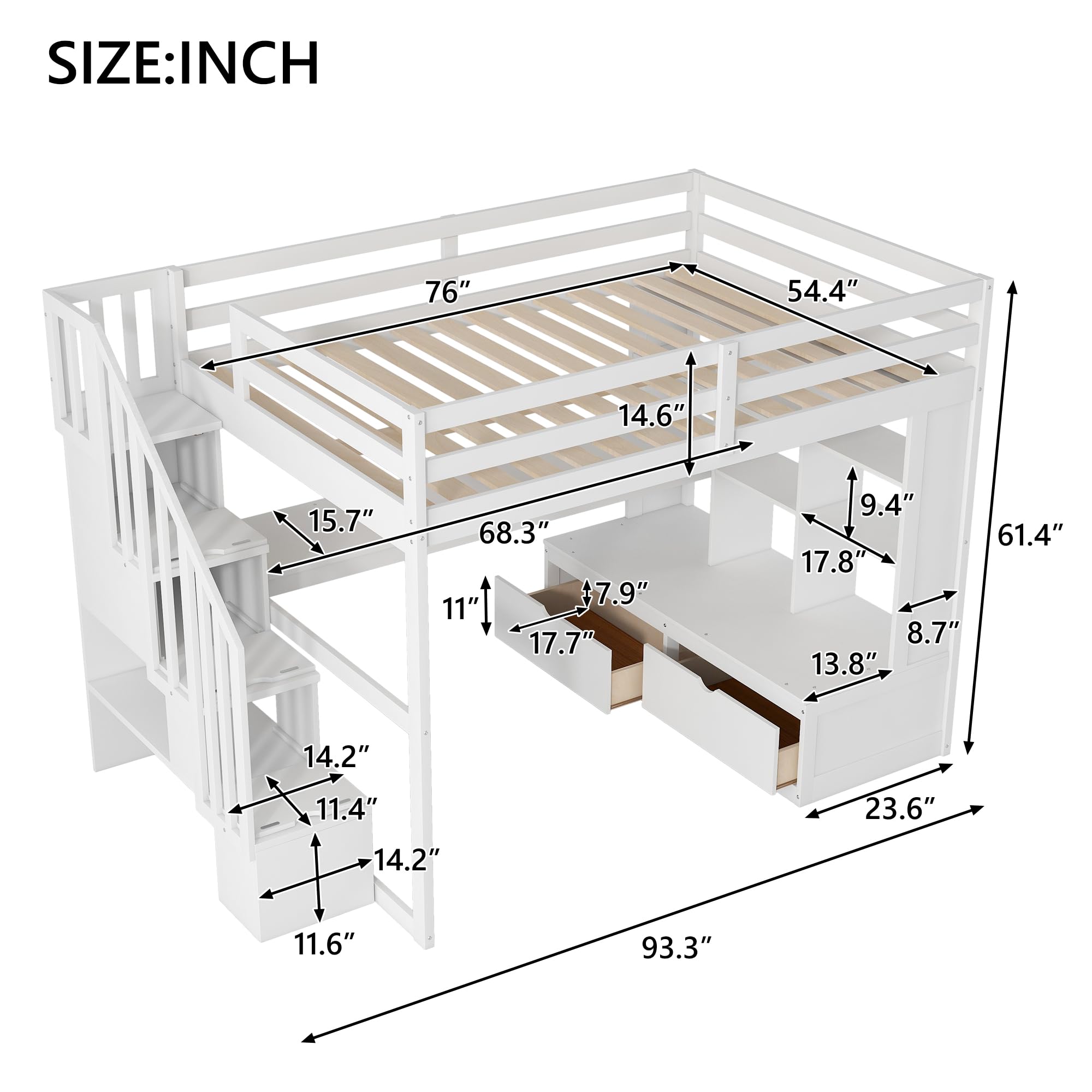 Size Loft Bed with Desk and Storage Stairs, Wood Loft Bed Full with Shelves & 2 Storage