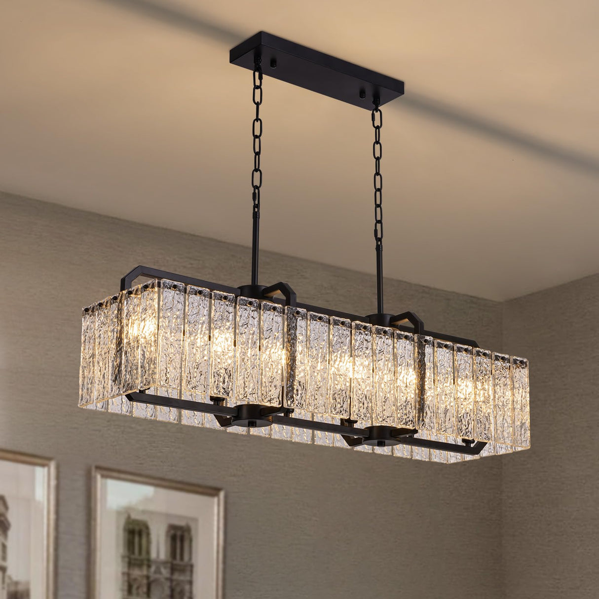Modern Rectangle Black Crystal Chandeliers for Dining Room, L40 Rectangular Water