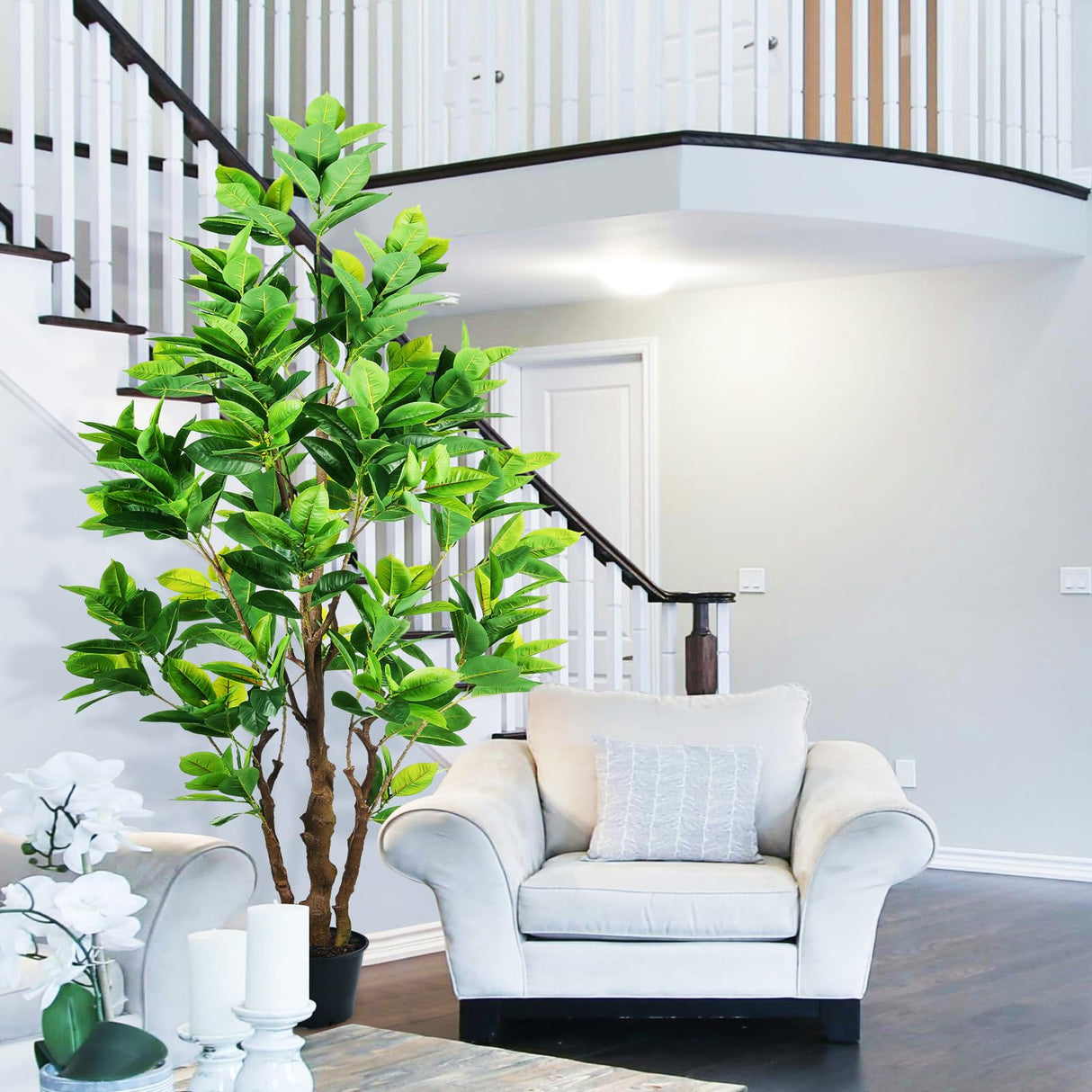 7.2ft Artificial Rubber Tree (85in) with Plastic Nursery Pot Fake Tree