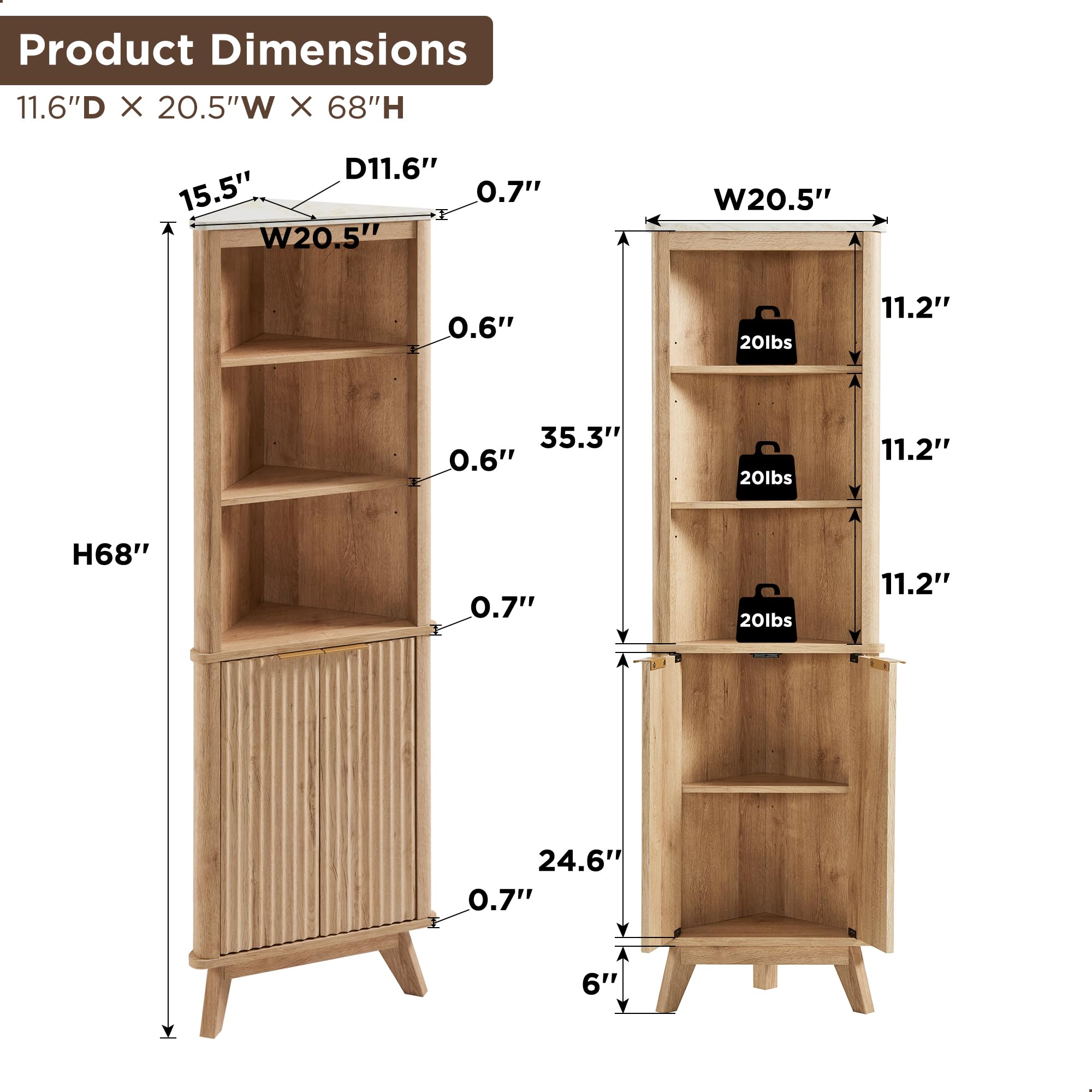 68" Tall Corner Cabinet, Modern Fluted Storage Cabinet with Faux Marble Top &