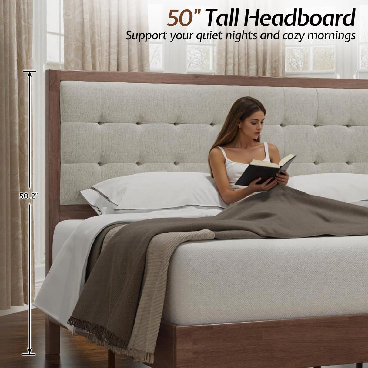 King Size Wood Bed Frame with Tall Tufted Headboard - Walnut