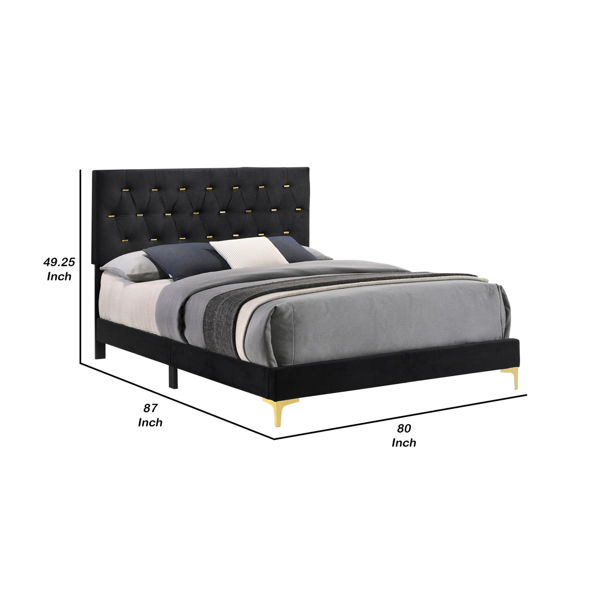 Lif Platform King Size Bed, Panel Tufted Headboard, Velvet, Black and Gold