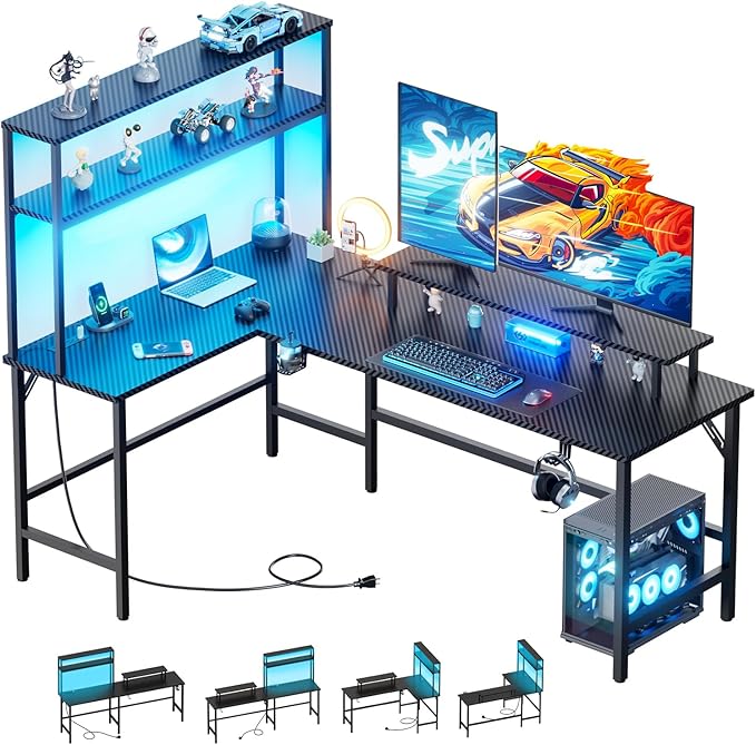 L Shaped Gaming Desk with LED Light & Power Outlet- 59 Inch Reversible Computer Desk with Shelves and Monitor Stand, Ergonomic Carbon Fiber Corner Desk with Cup Holder & 2 Heaphone Hooks