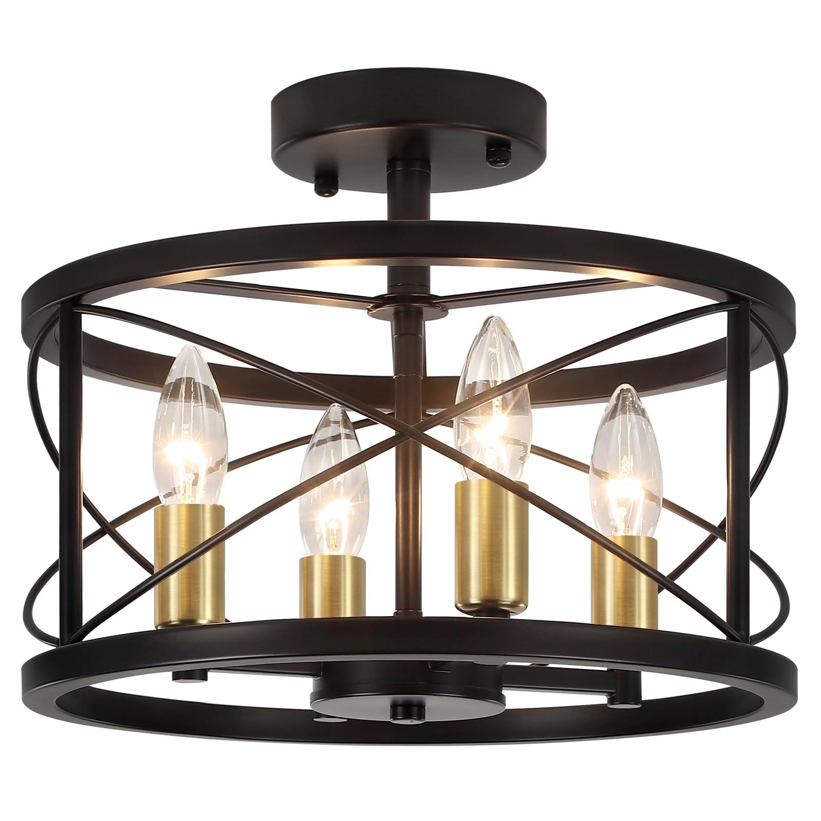 4-Light Modern Ceiling Light, Black Gold Semi Flush Mount Ceiling Light, Hallway Light