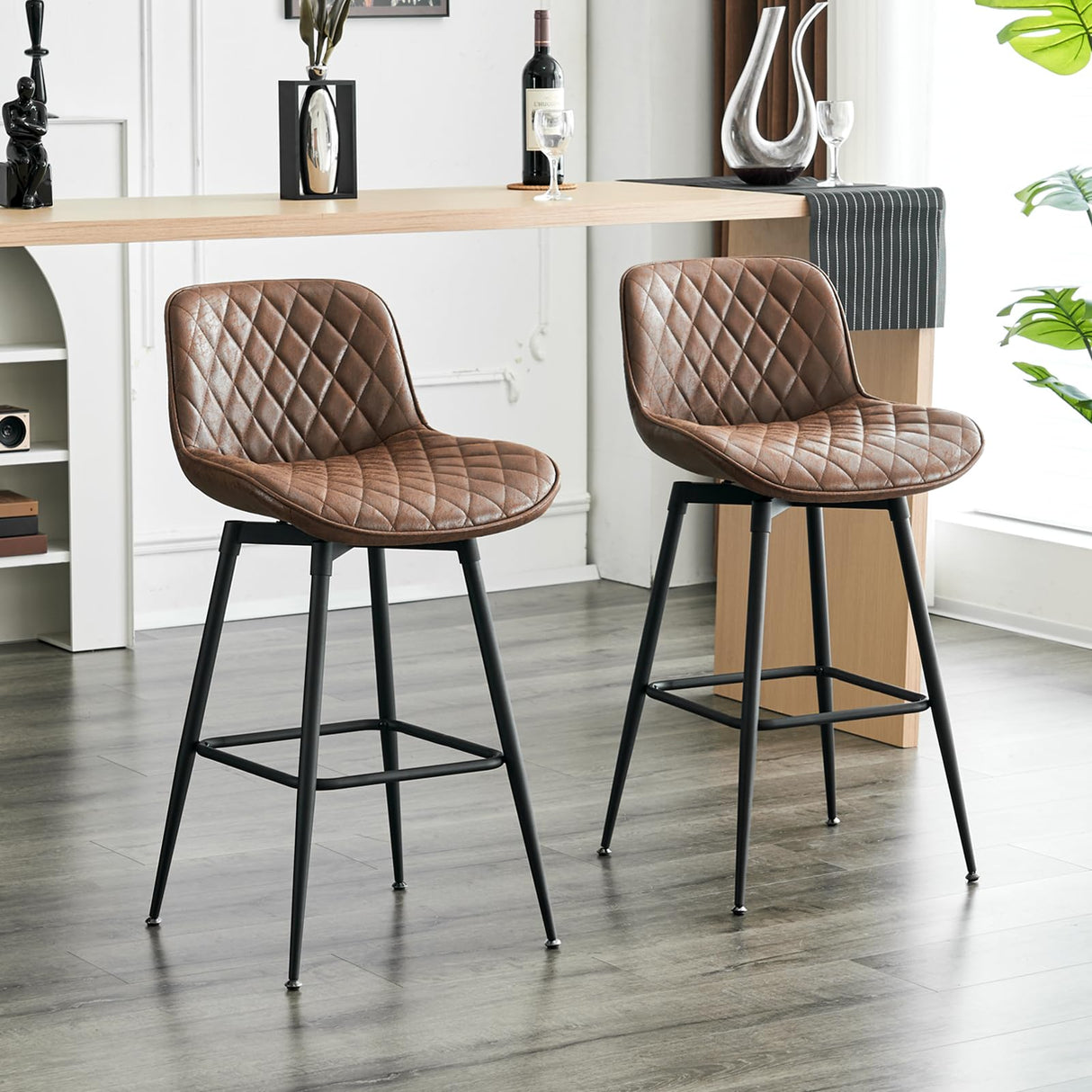26” Bar Stools Set of 2, 360° Swivel Counter Bar Stool with Back, Mid-Century Modern