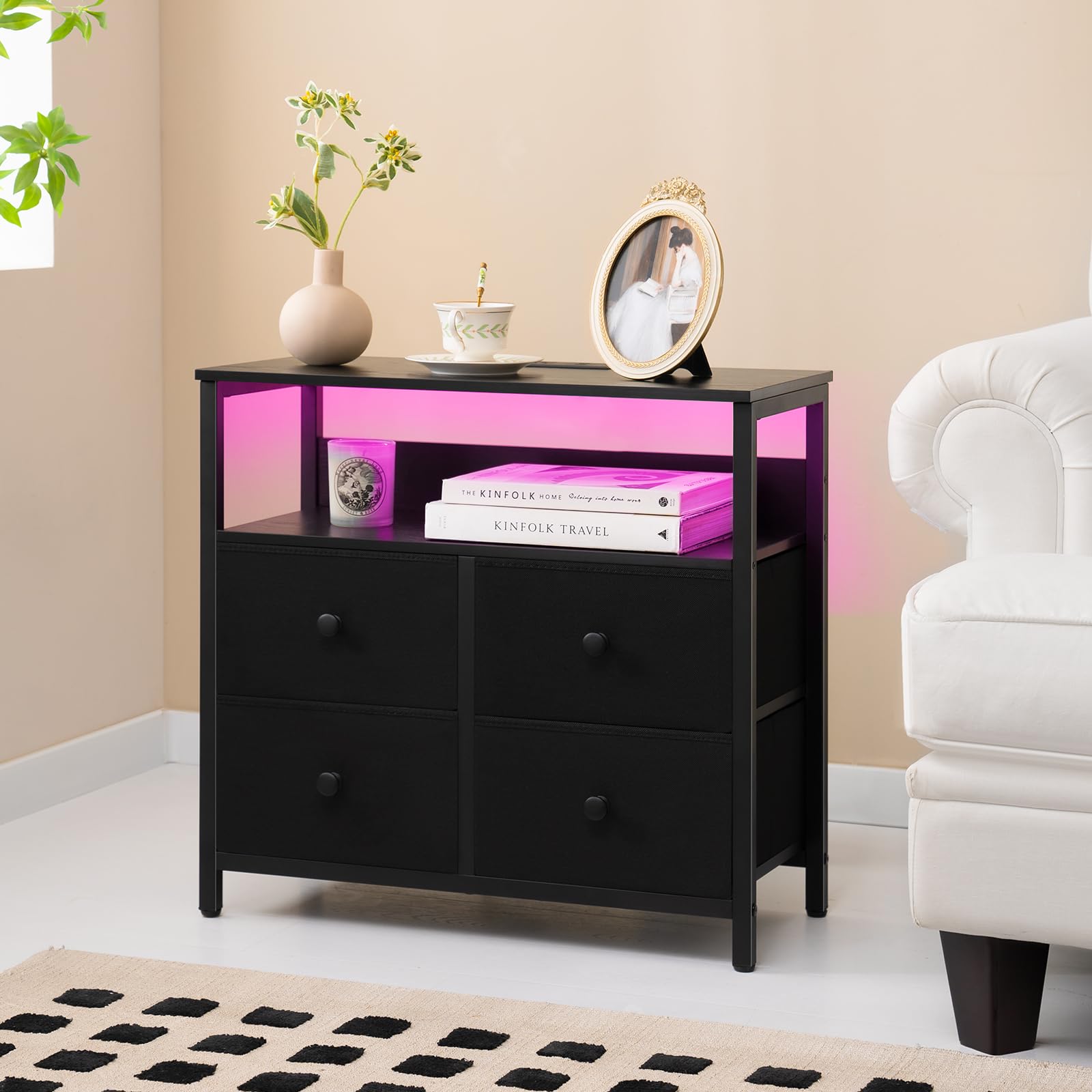 Night Stand with Charge Station, Nightstand with 4 Drawers Bedside Table, LED Dresser