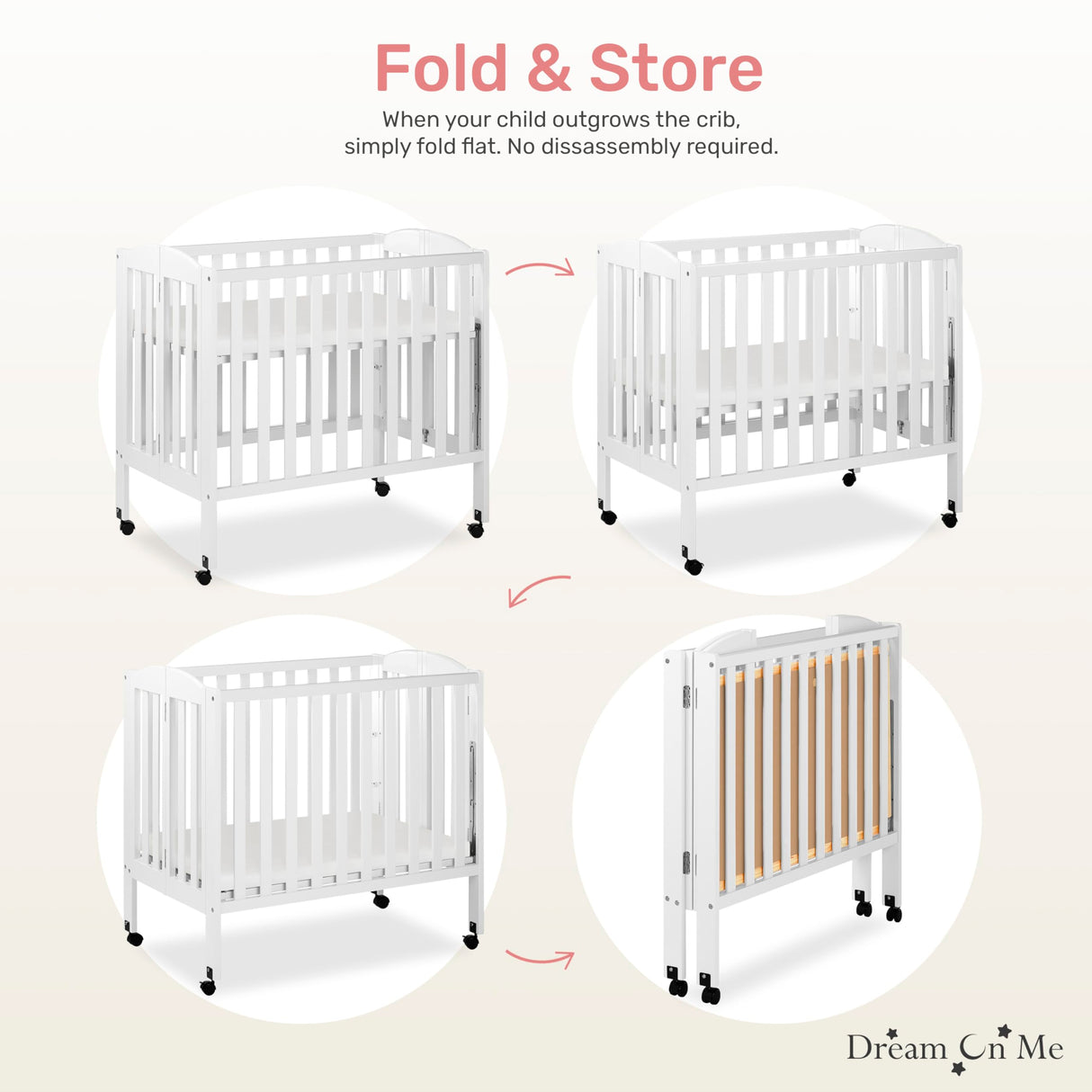 3 in 1 Portable Folding Stationary Side Crib in White, Greenguard Gold Certified, Safety Wheel with Locking Casters, Convertible, 3 Mattress Heights