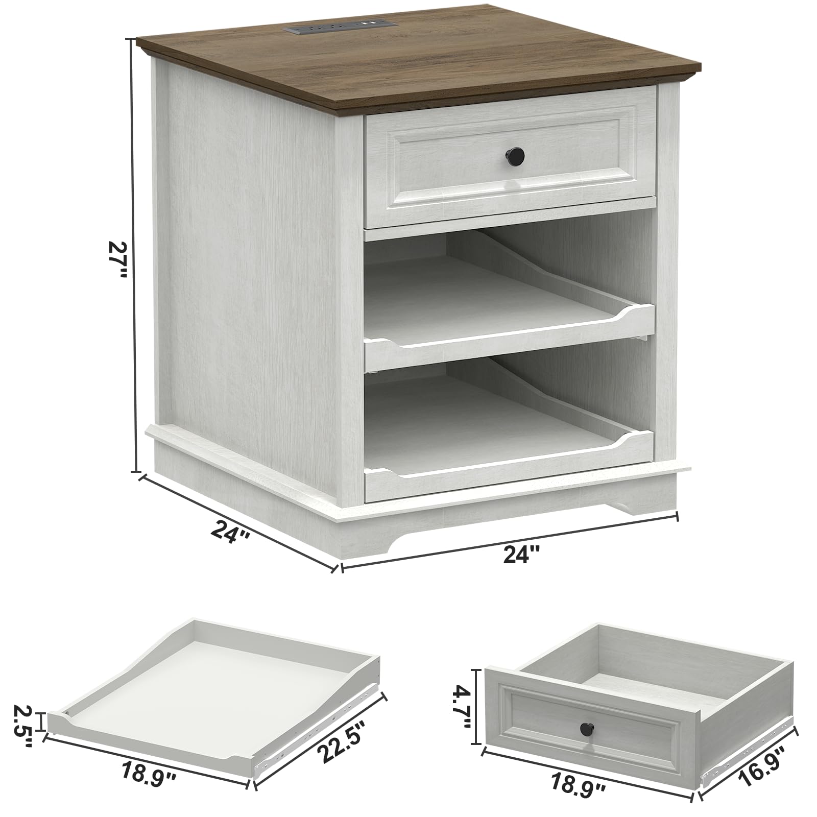 REDAYFUR 24" Large End Table with Charging Station, Sofa Side Table with Drawers, Square Storage Table with 2 Open Mind Drawers & Adjustable Storage Shelf for Living Room,Study Room,Antique White