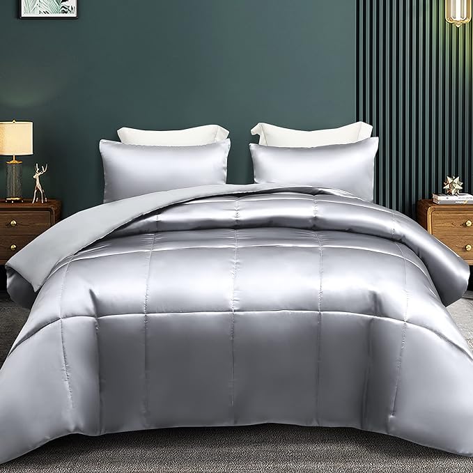 3-Piece Reversible Queen Size Silky Comforter Set/Bedding Set, Luxury Soft Satin