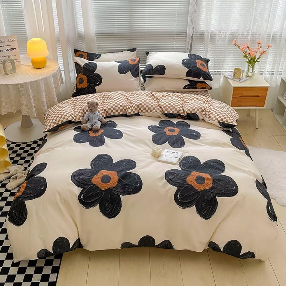 Black Floral Comforter Sets Twin Women Girls White and Black Botanical Bedding Sets