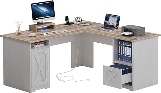 PowerMax 60” L-Shaped Computer Desk with USB & Power Outlets