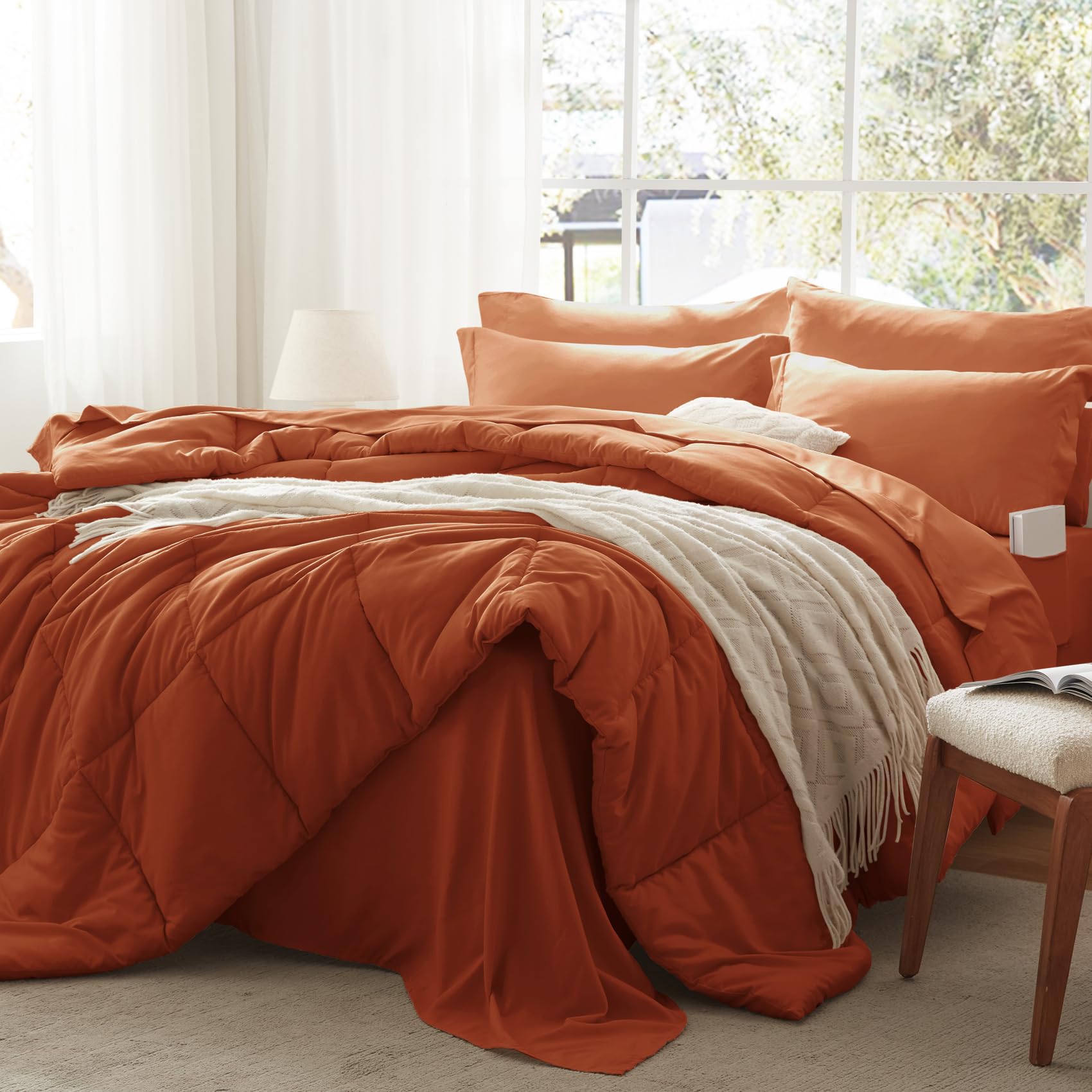 Queen Comforter Set 7 Piece, Burnt Orange Bed in a Bag with Sheets, Comforters Queen Size Bedding Sets with 1 Comforter,